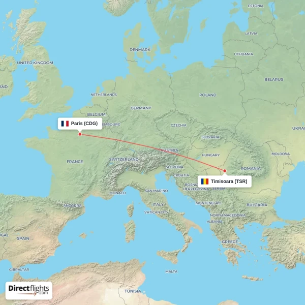 Timisoara - Paris direct flight map