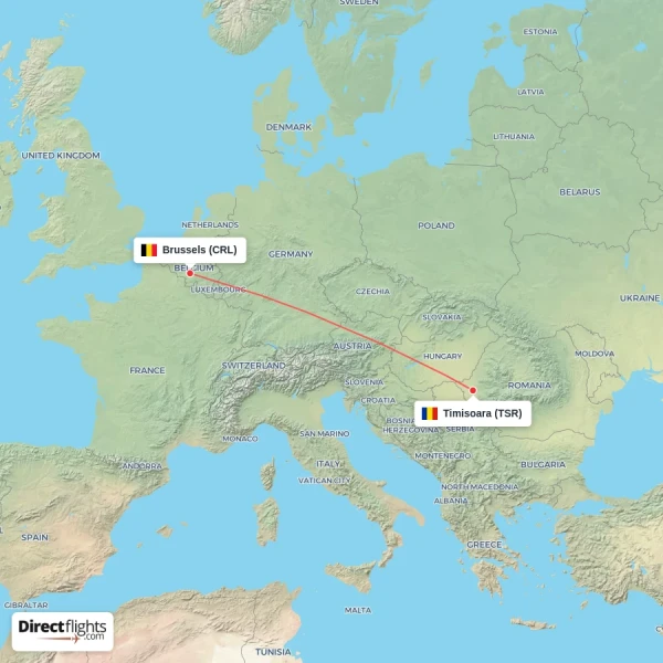 Timisoara - Brussels direct flight map