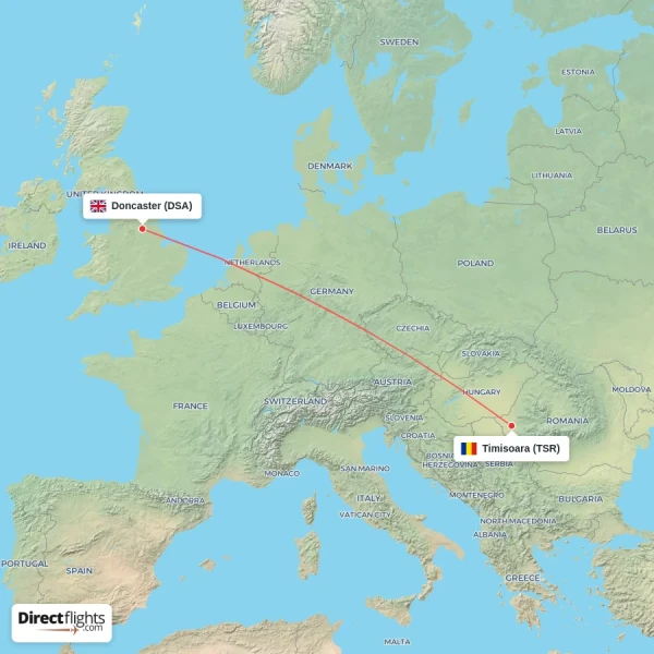 Timisoara - Doncaster direct flight map