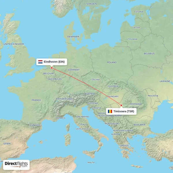Timisoara - Eindhoven direct flight map
