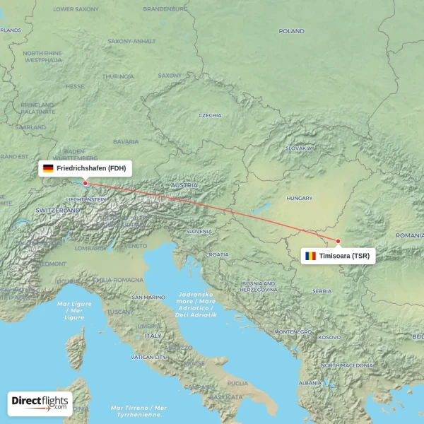 Timisoara - Friedrichshafen direct flight map