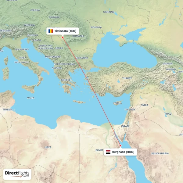 Timisoara - Hurghada direct flight map