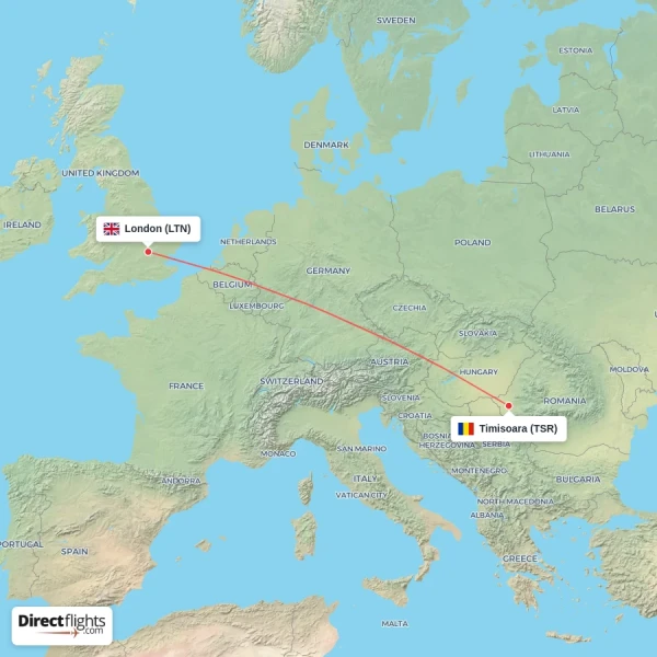 Timisoara - London direct flight map