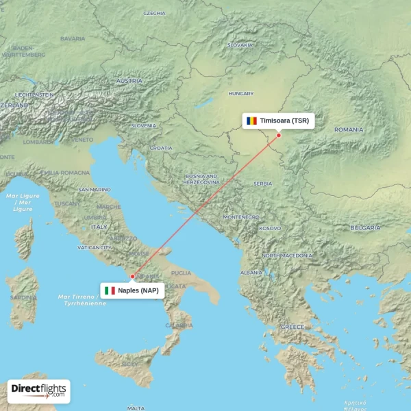 Timisoara - Naples direct flight map