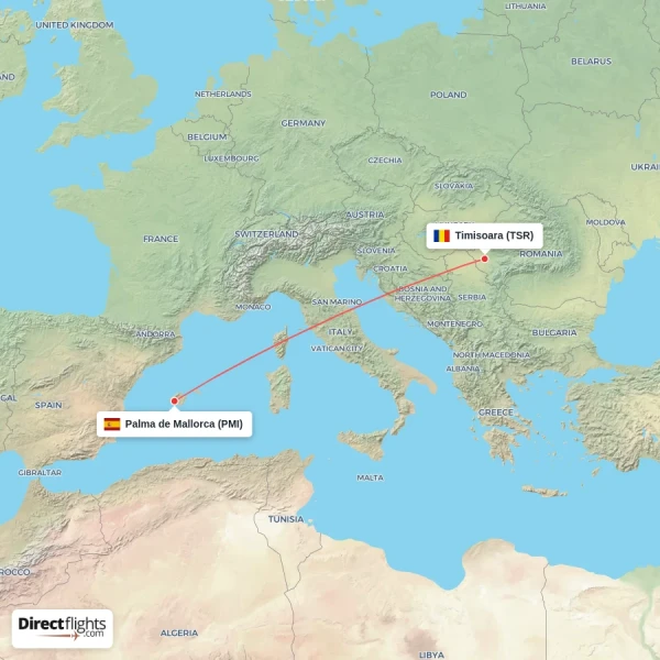Timisoara - Palma de Mallorca direct flight map