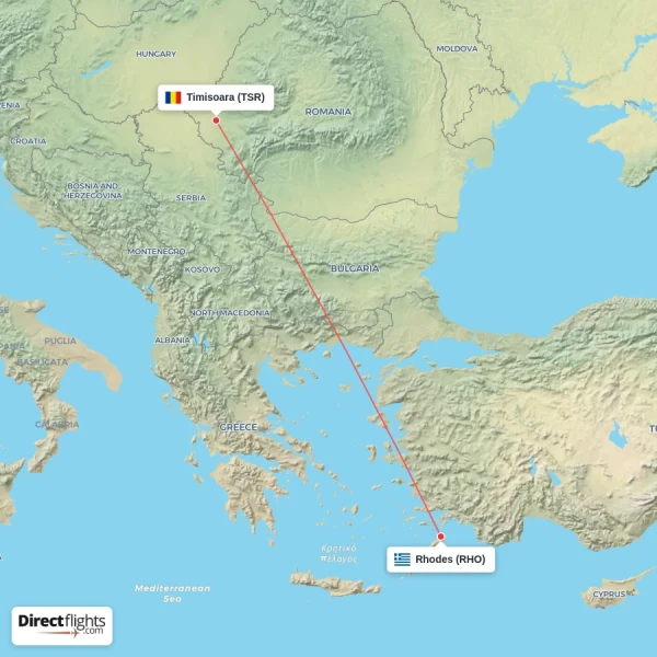 Timisoara - Rhodes direct flight map