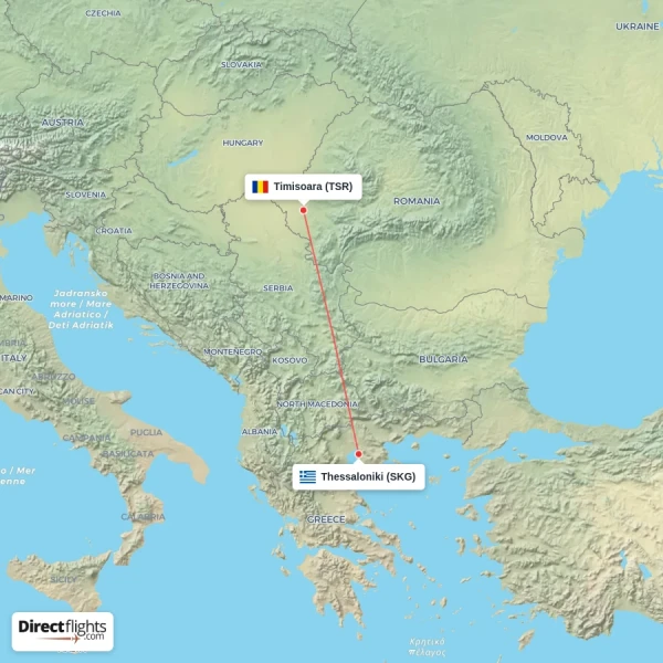 Timisoara - Thessaloniki direct flight map