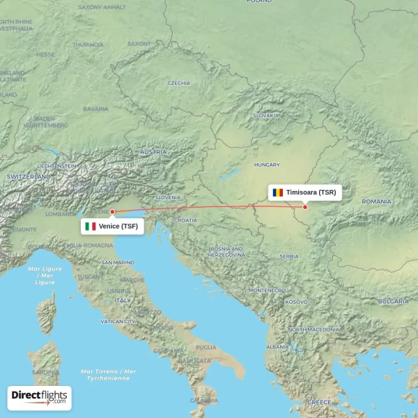 Timisoara - Venice direct flight map