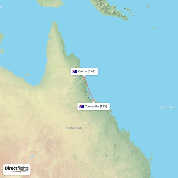 Townsville - Cairns direct flight map