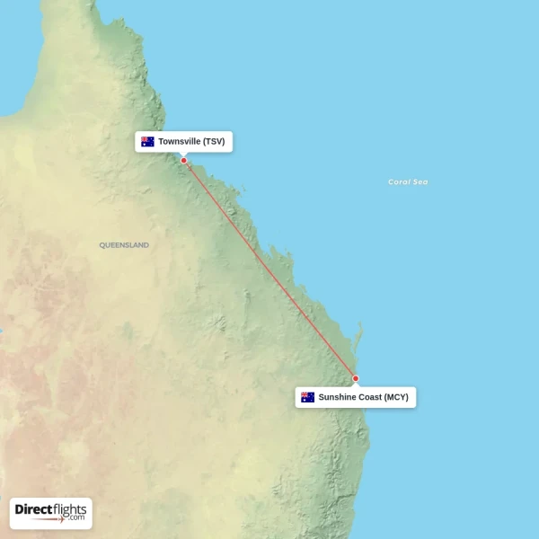 Townsville - Sunshine Coast direct flight map