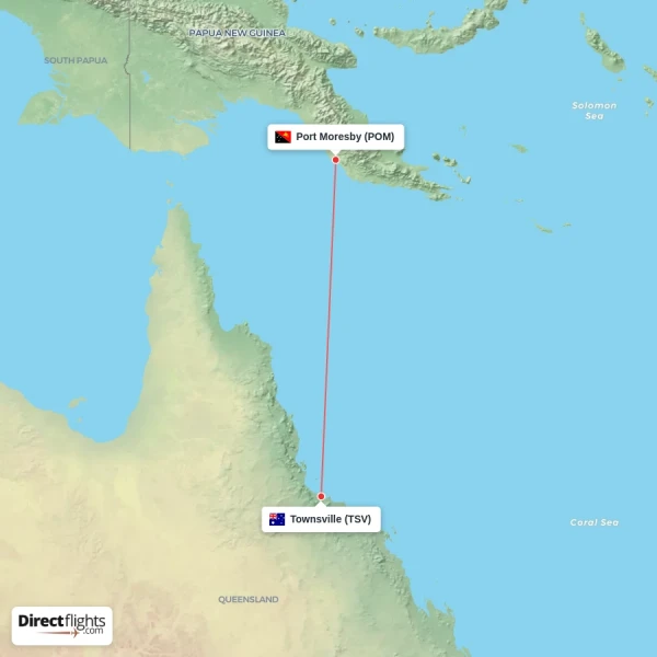 Townsville - Port Moresby direct flight map