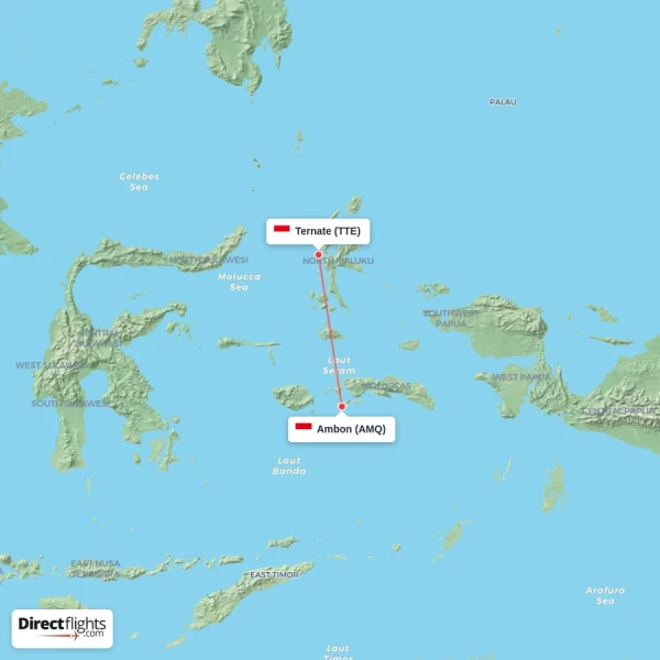 Ternate - Ambon direct flight map