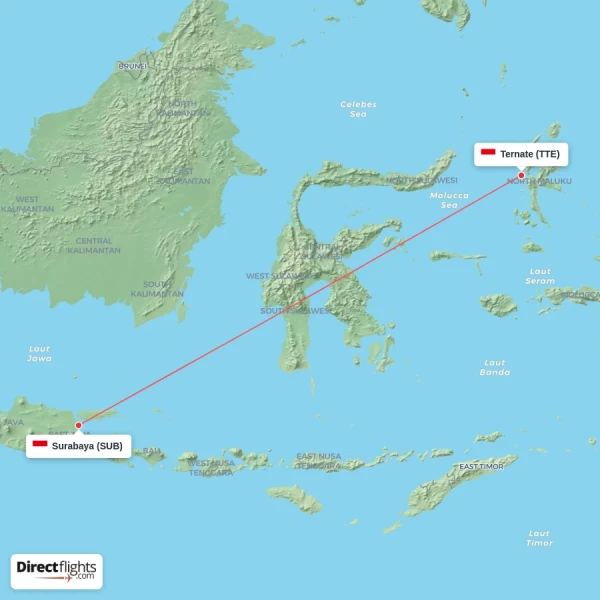 Ternate - Surabaya direct flight map
