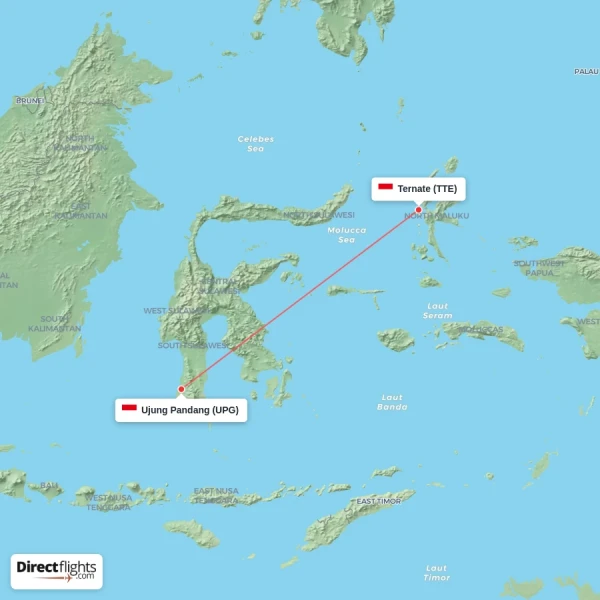 Ternate - Ujung Pandang direct flight map