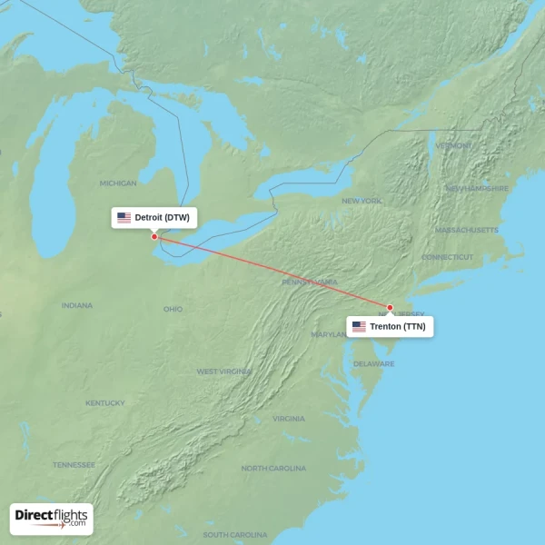 Trenton - Detroit direct flight map