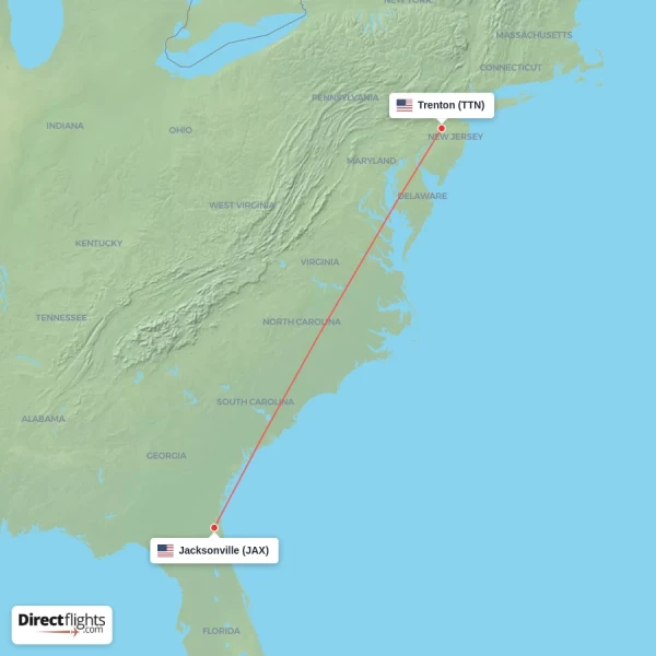 Trenton - Jacksonville direct flight map