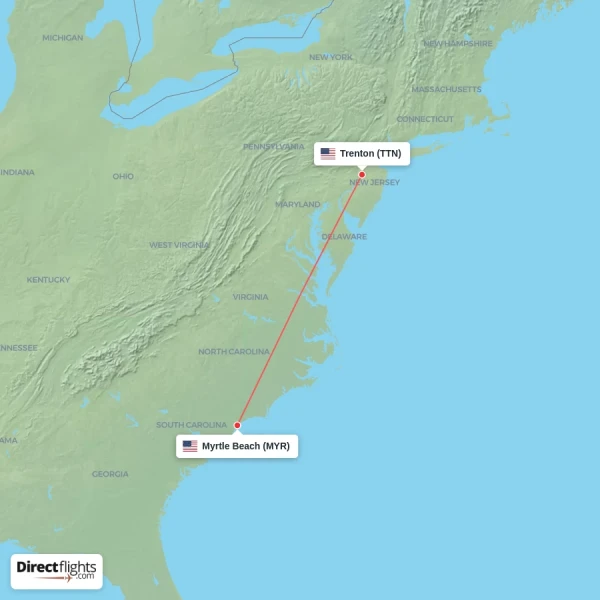 Trenton - Myrtle Beach direct flight map