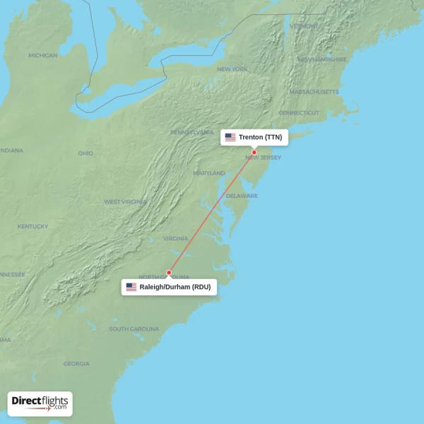 Trenton - Raleigh/Durham direct flight map