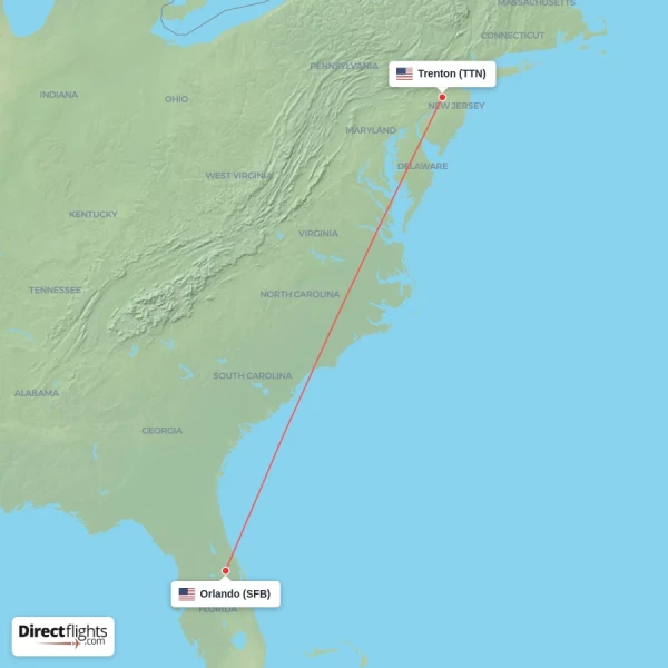 Trenton - Orlando direct flight map