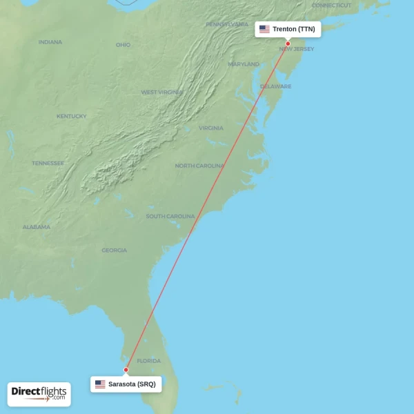Trenton - Sarasota direct flight map