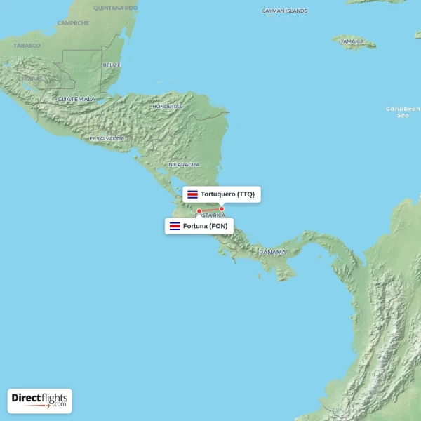 Tortuquero - Fortuna direct flight map