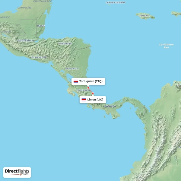Tortuquero - Limon direct flight map