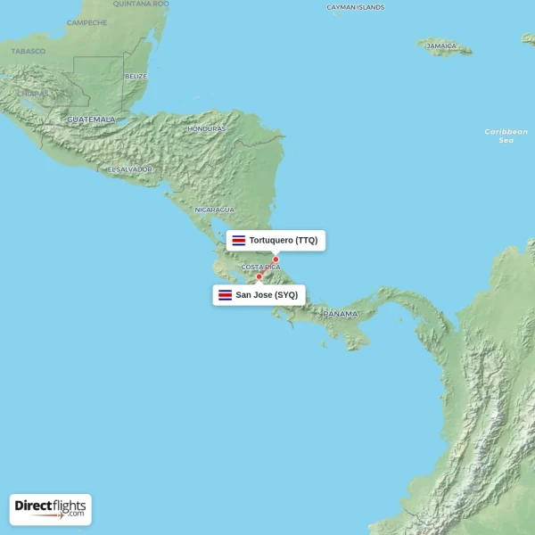 Tortuquero - San Jose direct flight map