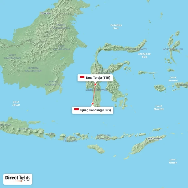 Tana Toraja - Ujung Pandang direct flight map