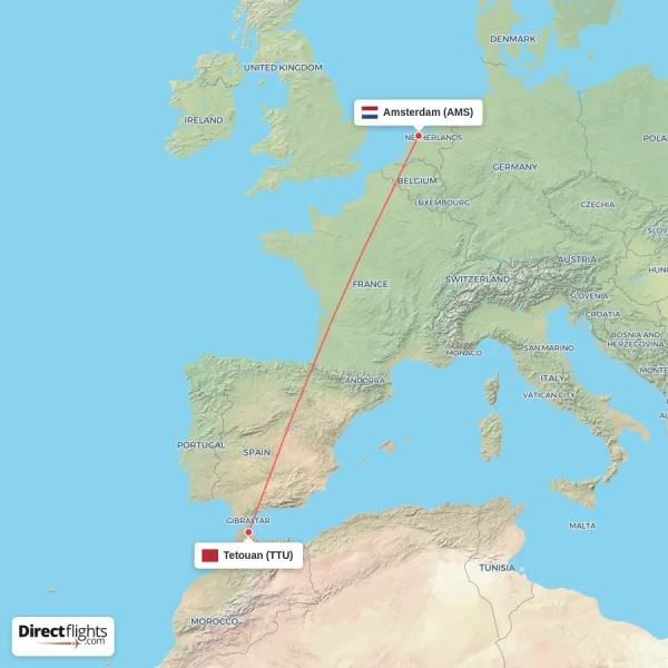 Tetouan - Amsterdam direct flight map