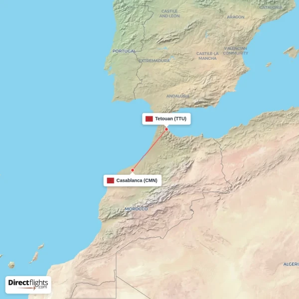 Tetouan - Casablanca direct flight map