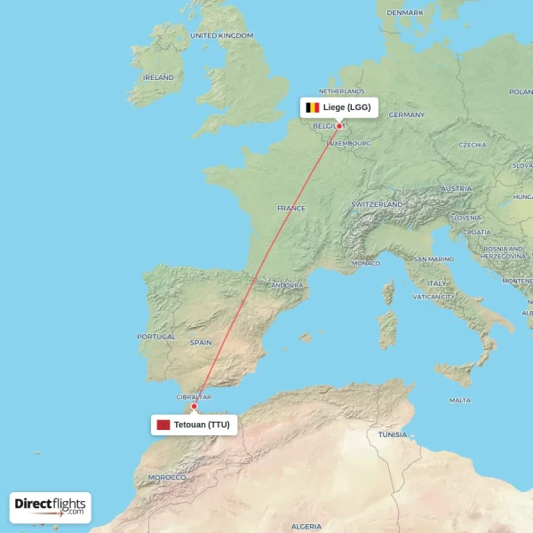Tetouan - Liege direct flight map