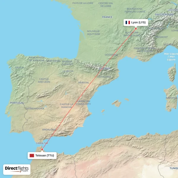Tetouan - Lyon direct flight map