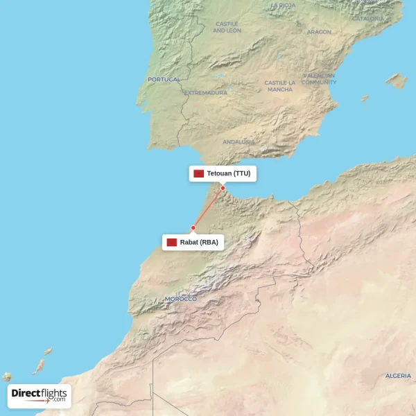 Tetouan - Rabat direct flight map