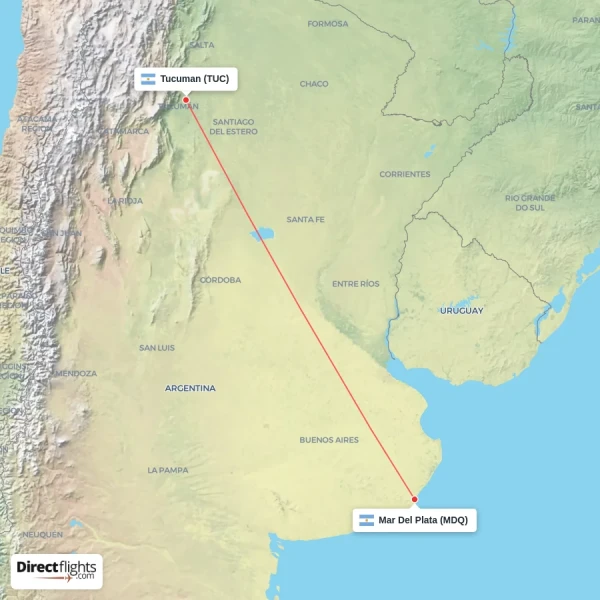 Tucuman - Mar Del Plata direct flight map