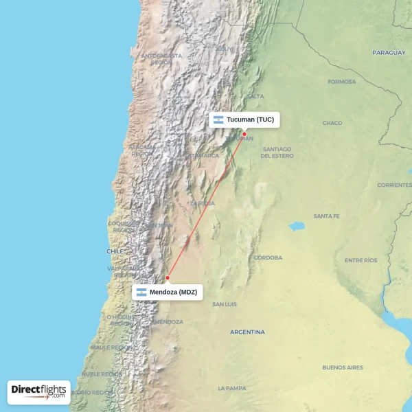 Tucuman - Mendoza direct flight map