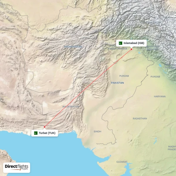 Turbat - Islamabad direct flight map