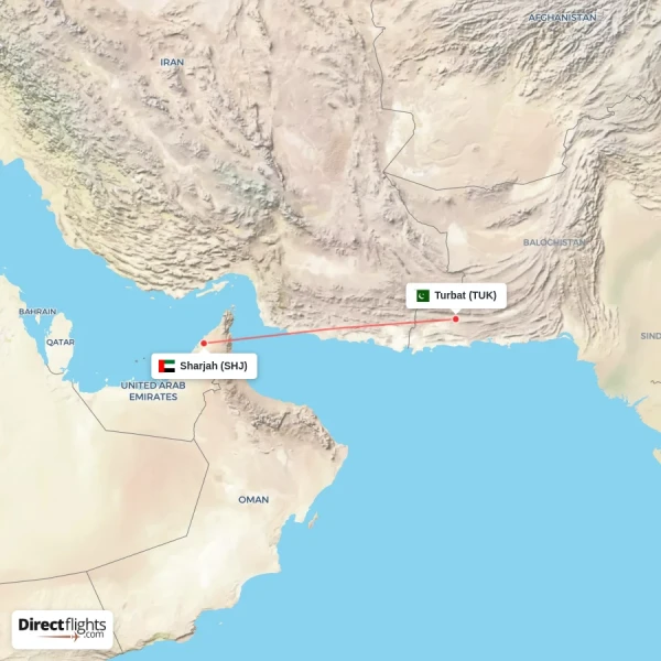 Turbat - Sharjah direct flight map