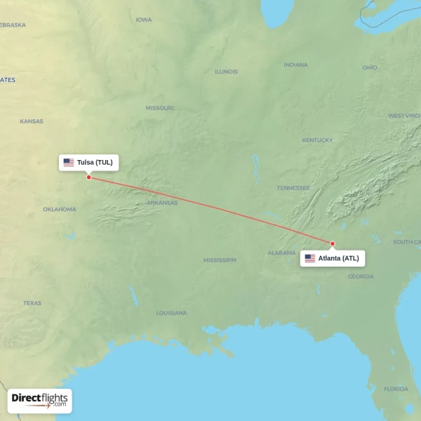 Tulsa - Atlanta direct flight map