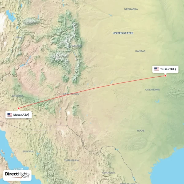 Tulsa - Mesa direct flight map