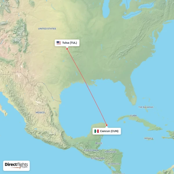 Tulsa - Cancun direct flight map