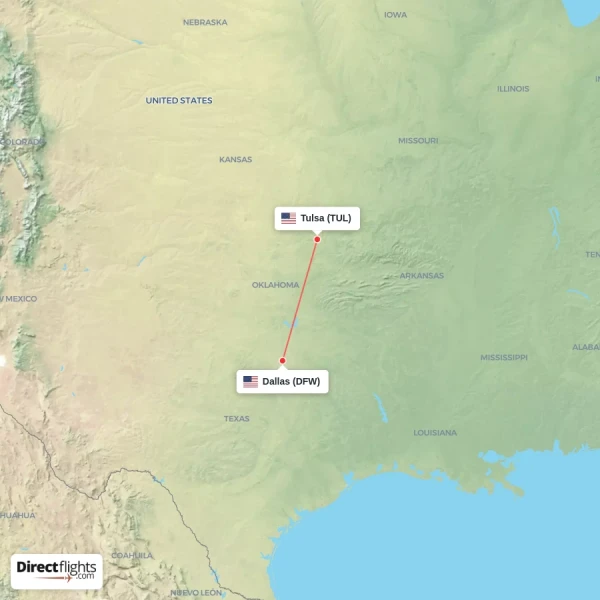 Tulsa - Dallas direct flight map