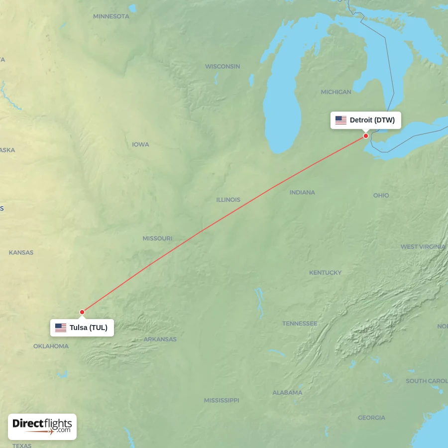 TUL - DTW route map