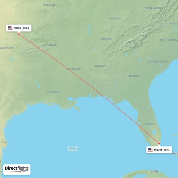 Tulsa - Miami direct flight map