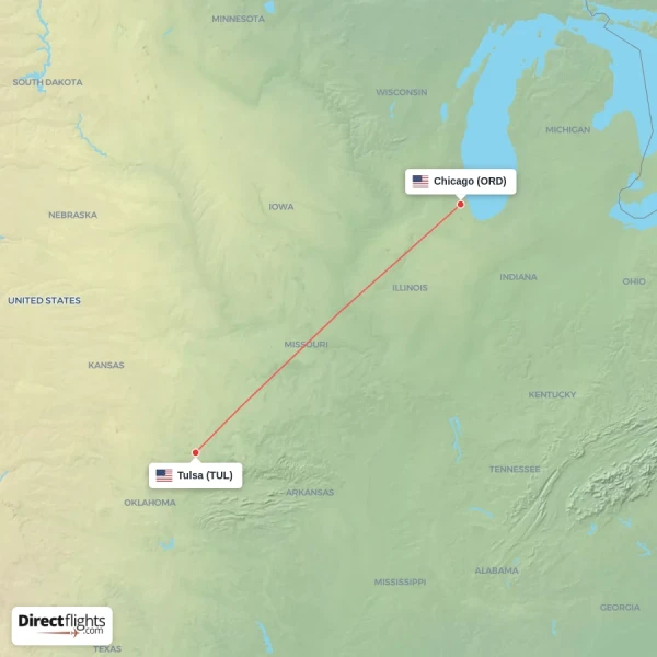 Tulsa - Chicago direct flight map
