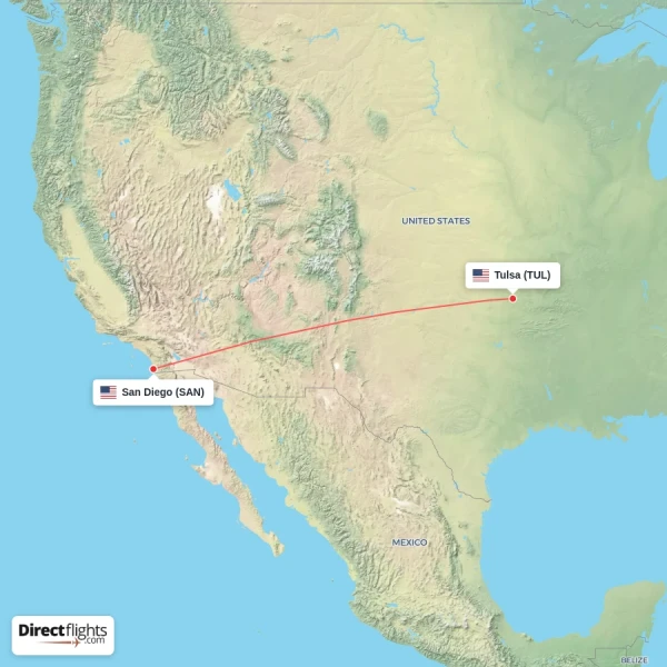 Tulsa - San Diego direct flight map
