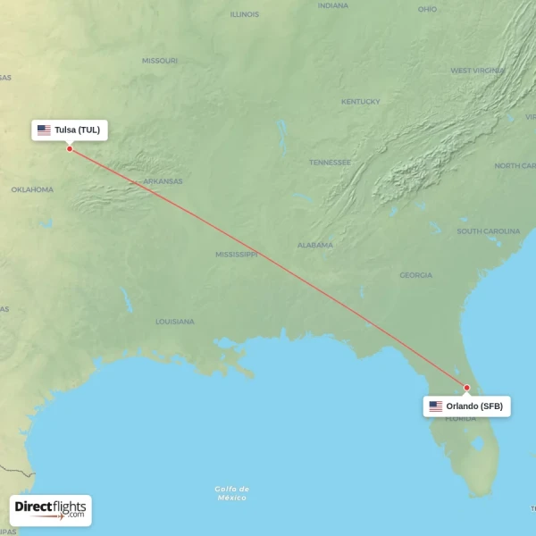 Tulsa - Orlando direct flight map