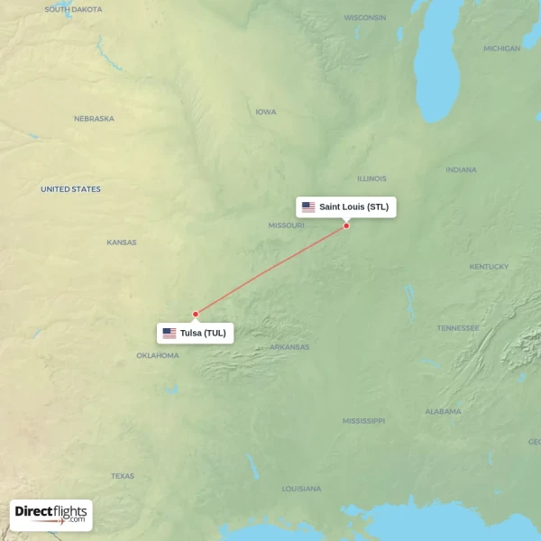 Tulsa - Saint Louis direct flight map