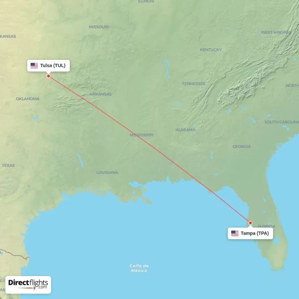 Tulsa - Tampa direct flight map