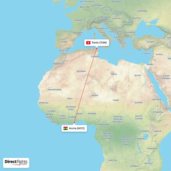 Tunis - Accra direct flight map