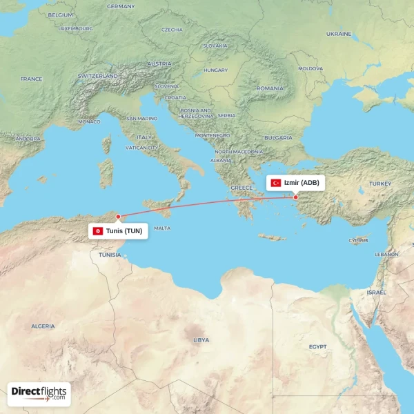 Tunis - Izmir direct flight map